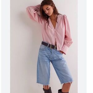 NWOT We The Free Farmhouse Fresh Top - Pink Combo Sz Large L Long Sleeve Cotton